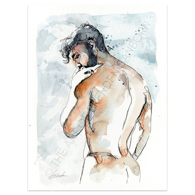 Sensual Male with Strong Back & Raven-Hued Hair - 9x12" Original Watercolor Artist Brenden Sanborn