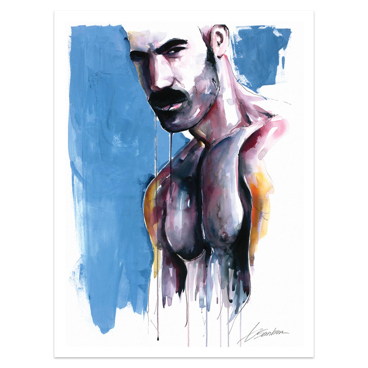 Focused Gaze of a Muscular Man with a Defined Mustache and Hairy Chest - Giclee Art Print