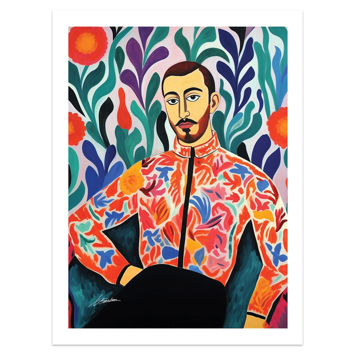 Floral Enigma: Poised Male in Patterned Attire - Giclee Art Print