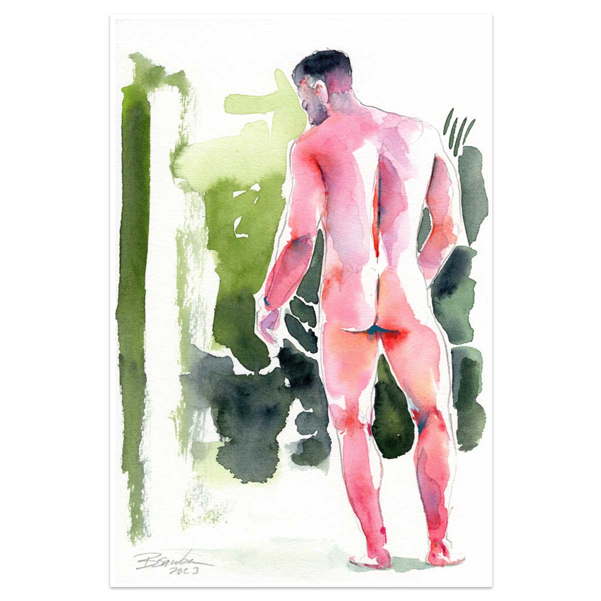 Nude Male, Rear View Highlighting Strong Back and Defined Legs - 6x9" Original Watercolor Painting