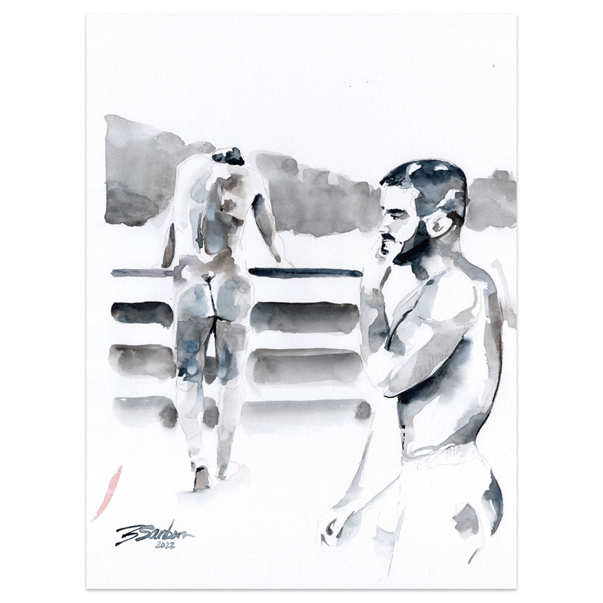 Two Male Figures, Muscular Seated Man and Standing Figure with Defined Buttocks - 9x12" Original Watercolor Painting