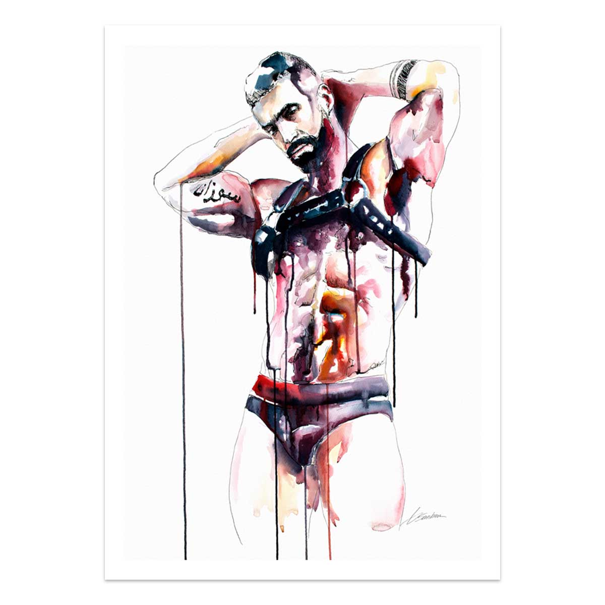 Muscular Bearded Man in Harness with Tattoos - Art Print