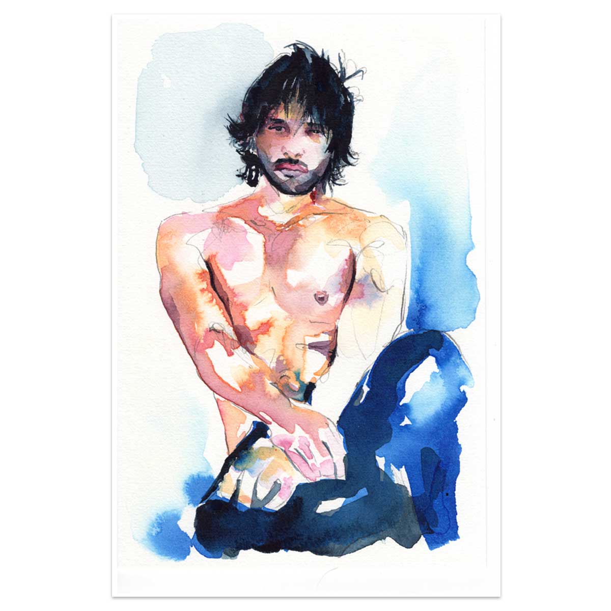 Handsome Young Cuban Man with Long Hair and Beard - Original Watercolor Painting