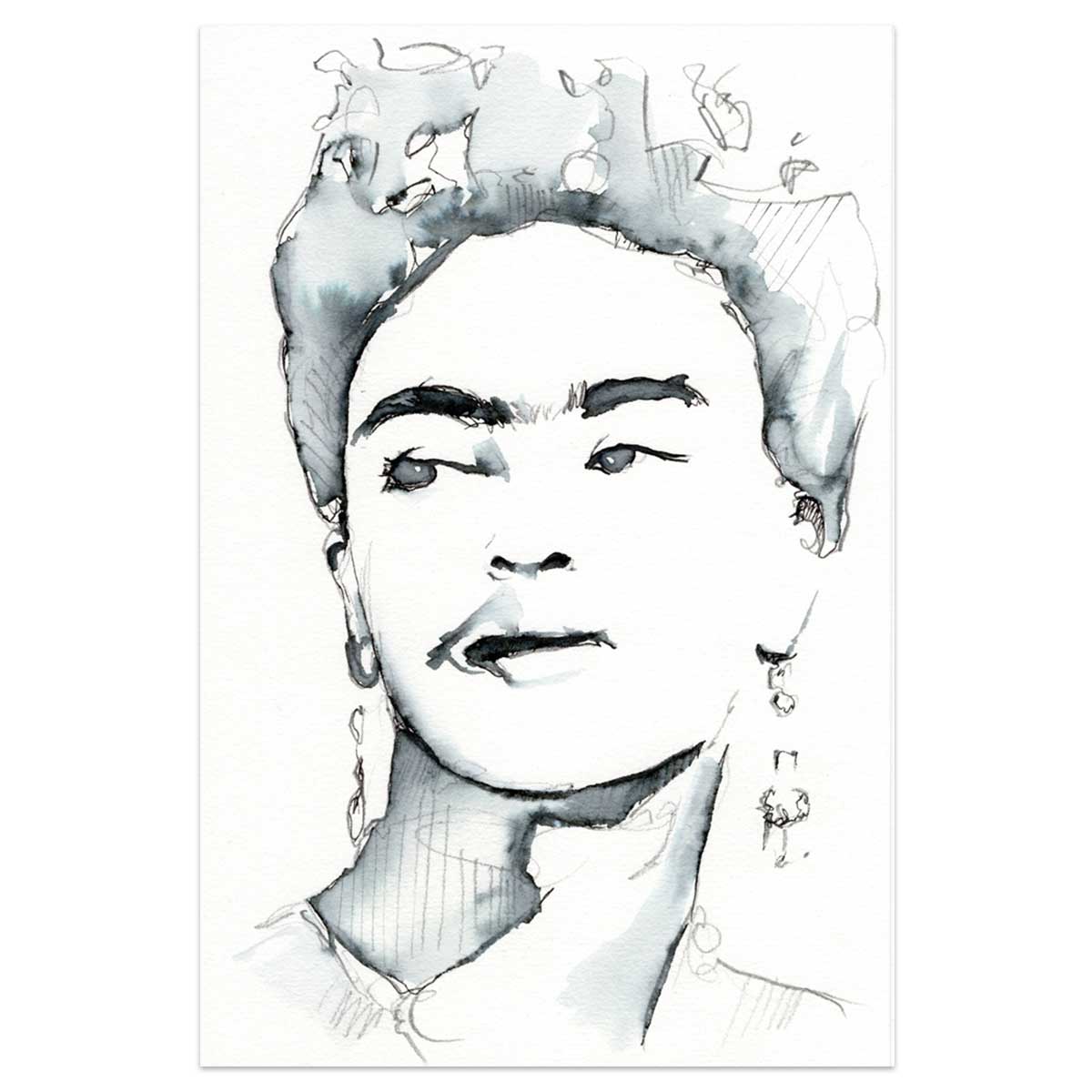 Frida Kahlo Portrait with Signature Eyebrows and Earrings - 6x9" Original Ink Painting