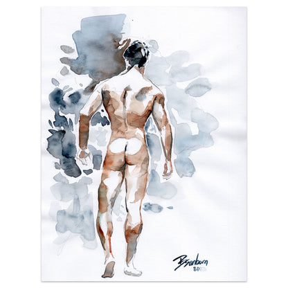 Rear View of Muscular Male, defined back muscles - 9x12" Original Watercolor Painting