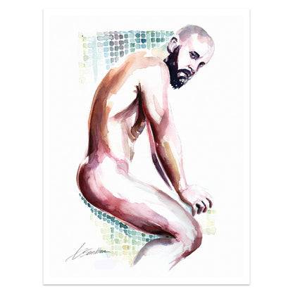 Reflective Male Figure Amidst Mosaic Patterns - Giclee Art Print