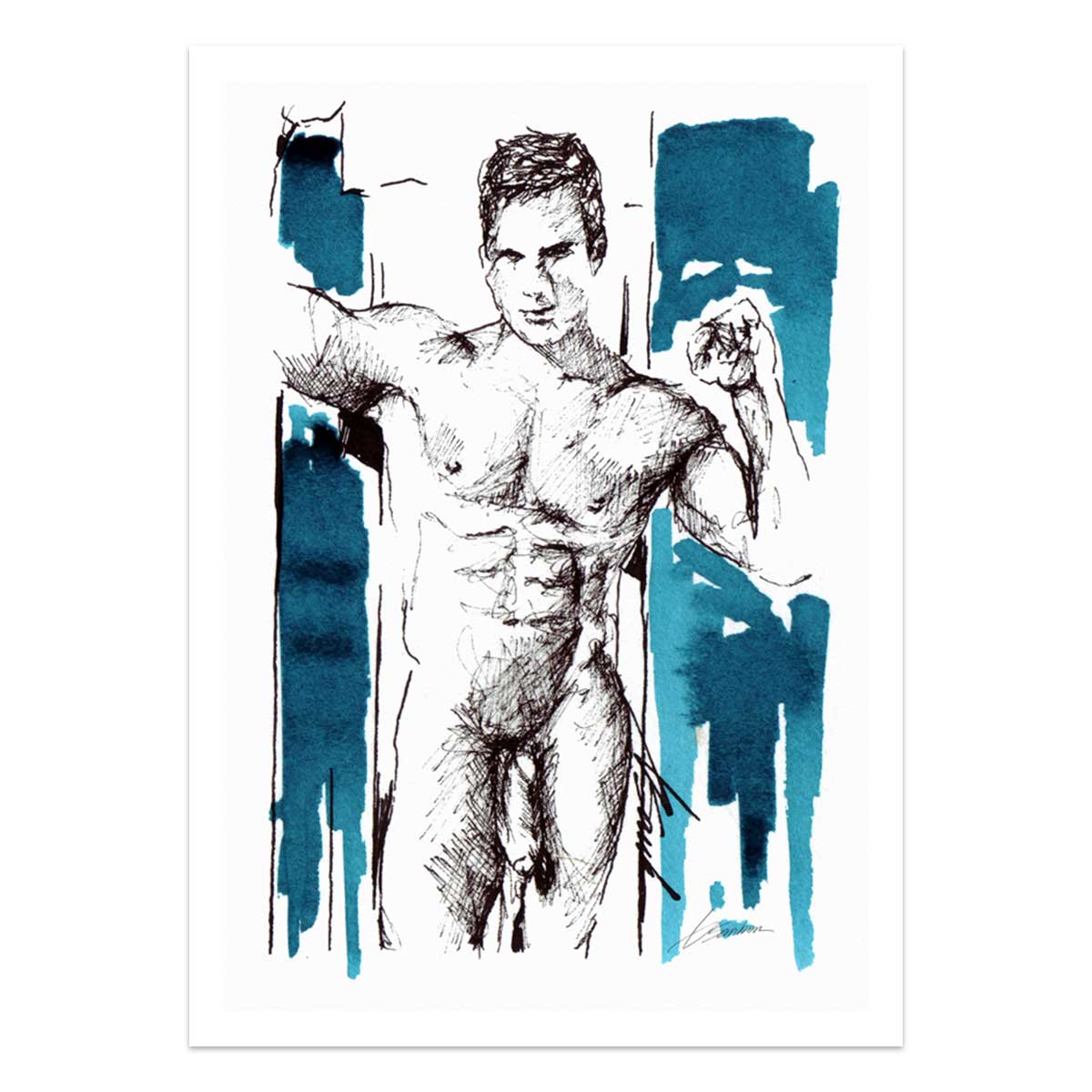 Young Male in Doorway, Smooth Body, Sexy Smile - Art Print