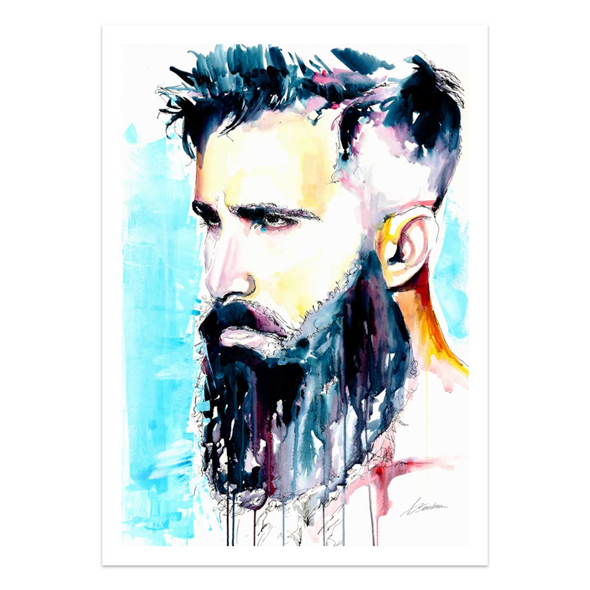 Bearded Man with Intense Gaze and Chiseled Jawline - Art Print