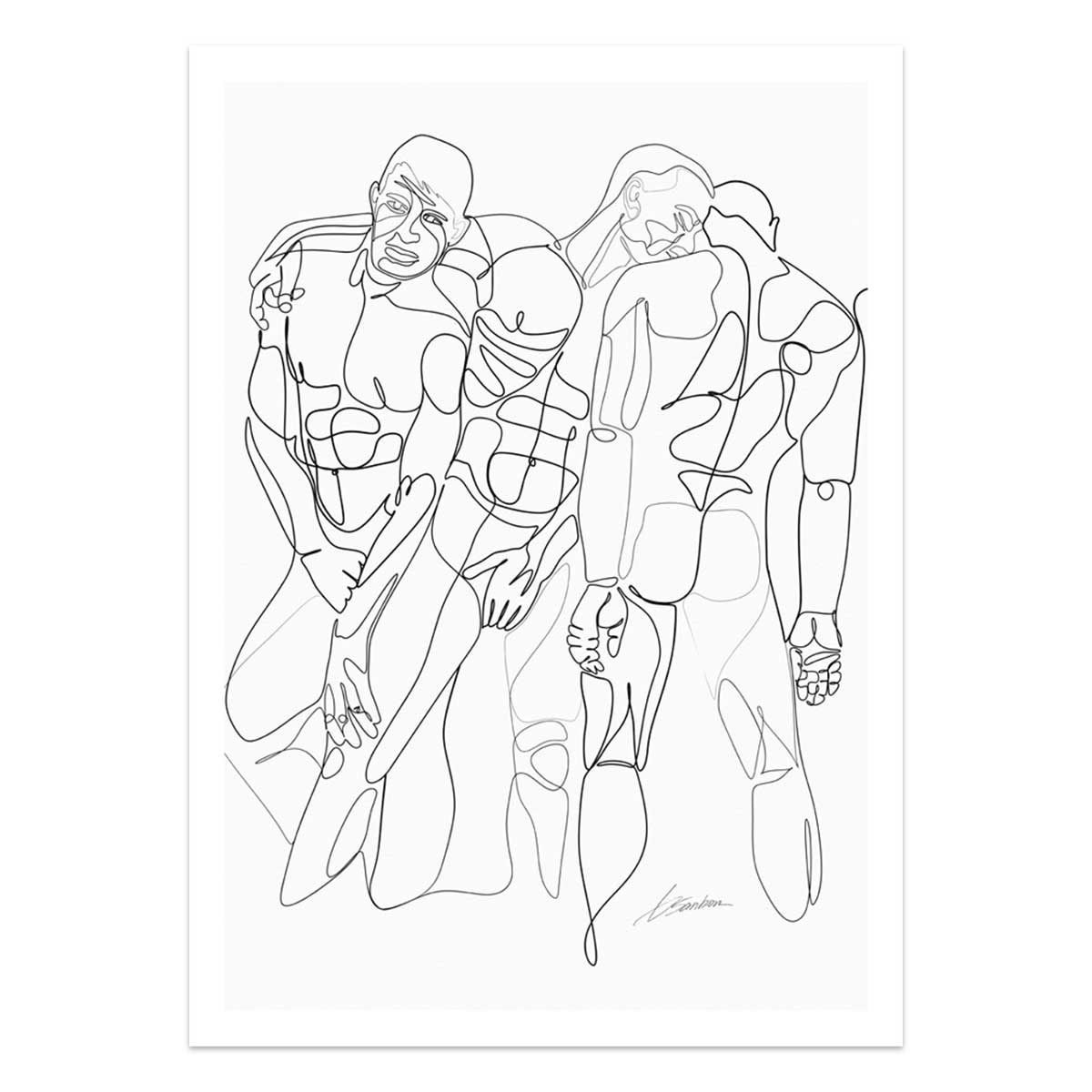 Holding Each Other Together One-Line Drawing of Three Men – Art Print