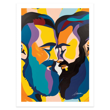 Kaleidoscopic Gaze - Dual Portrait of Bearded Lovers in Vivid Colors - Giclee Art Print