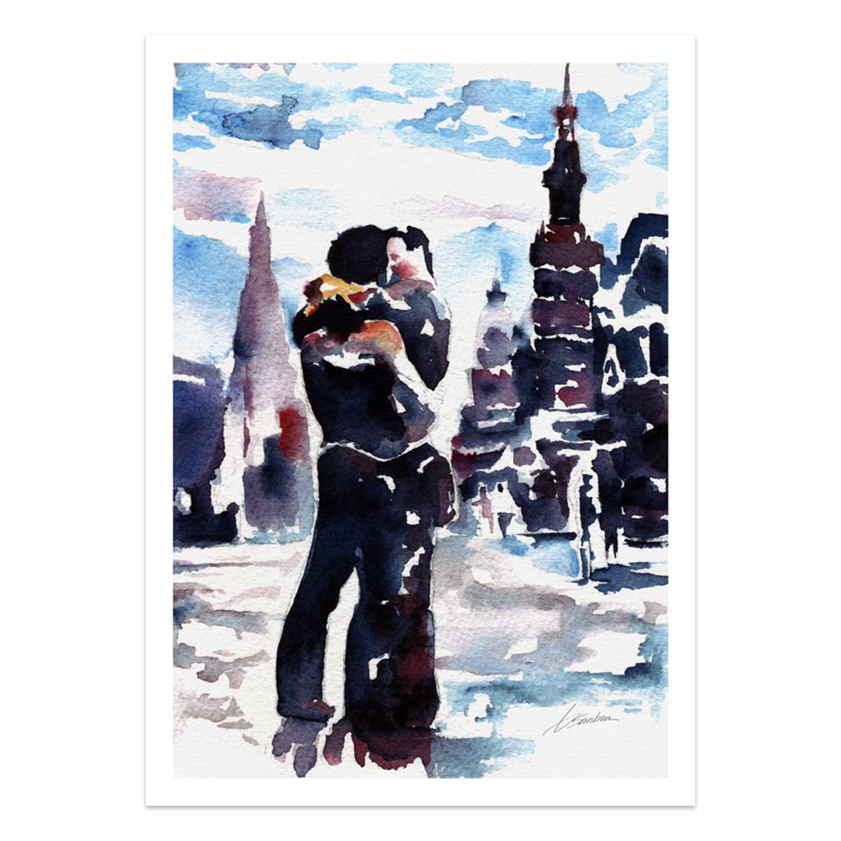 City Lights and Lovers Embracing – Art Print