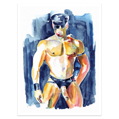 Leather-Clad Titan: Muscular Male in Striking Attire - Giclee Art Print