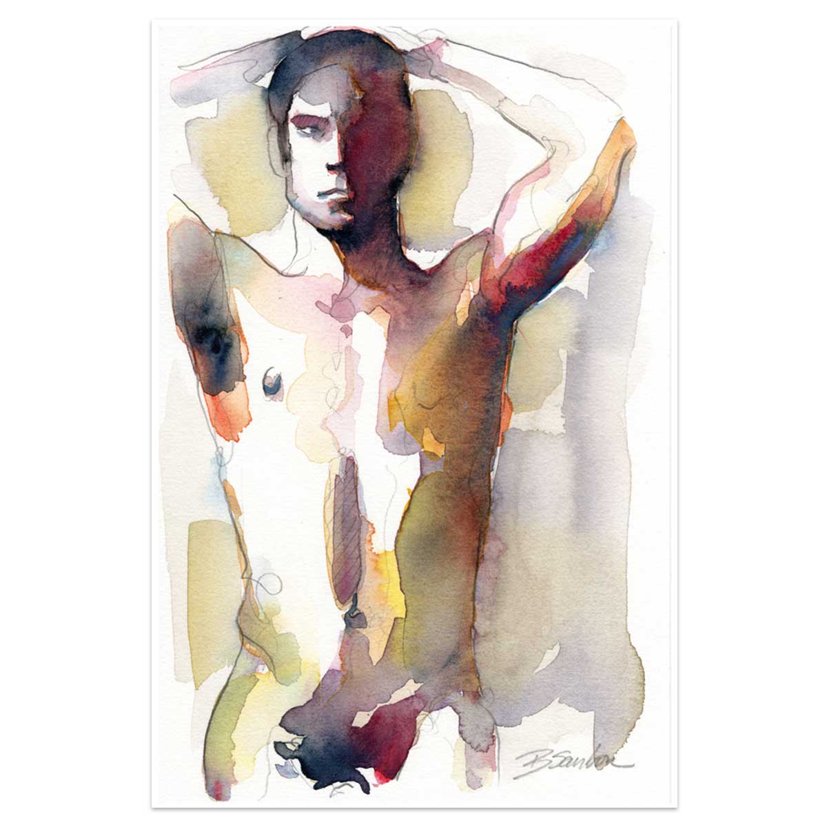 Alluring Nude Male Figure with Striking Profile - 6x9" Original Watercolor Painting