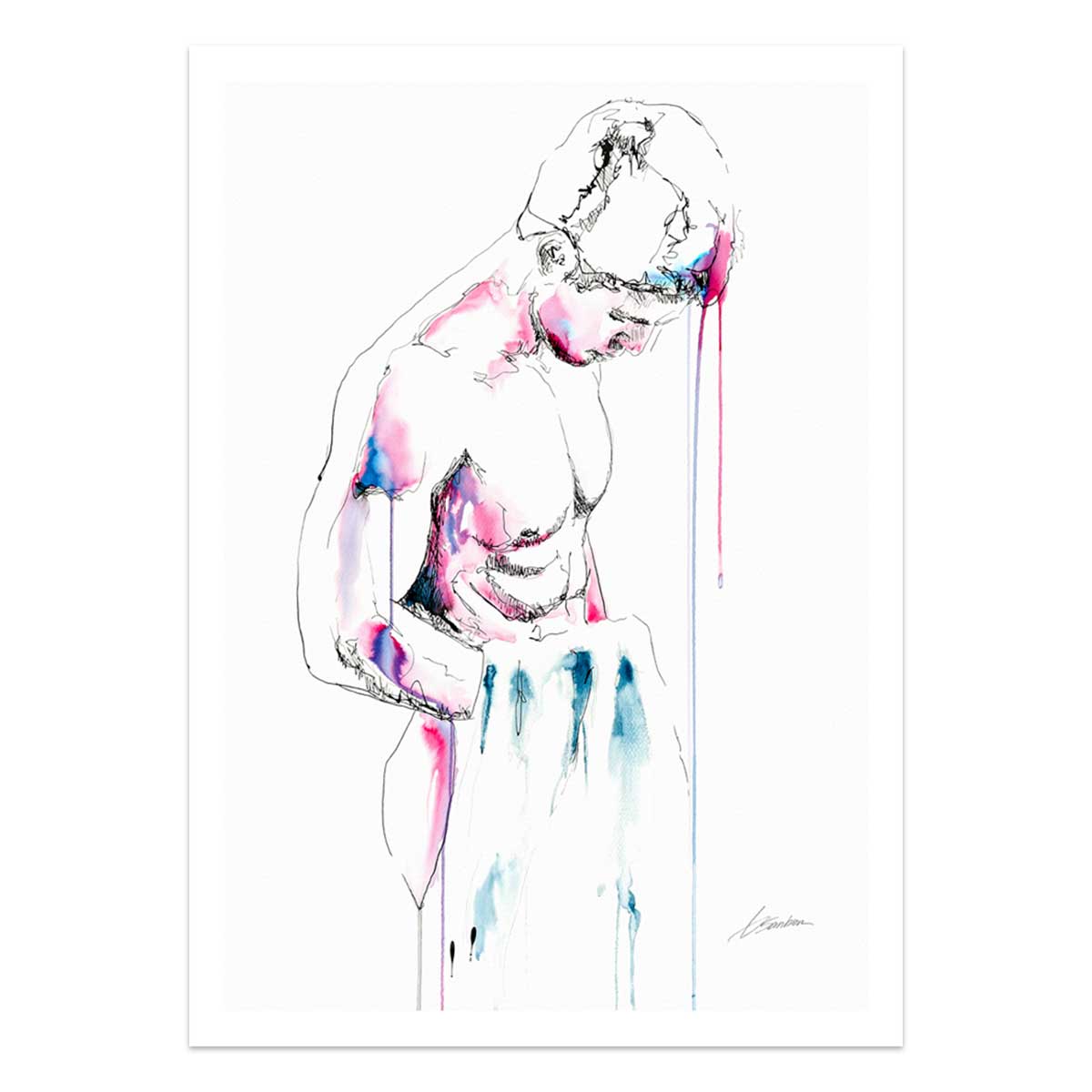 Nude Male Draped in Cloth with Downcast Gaze - Art Print