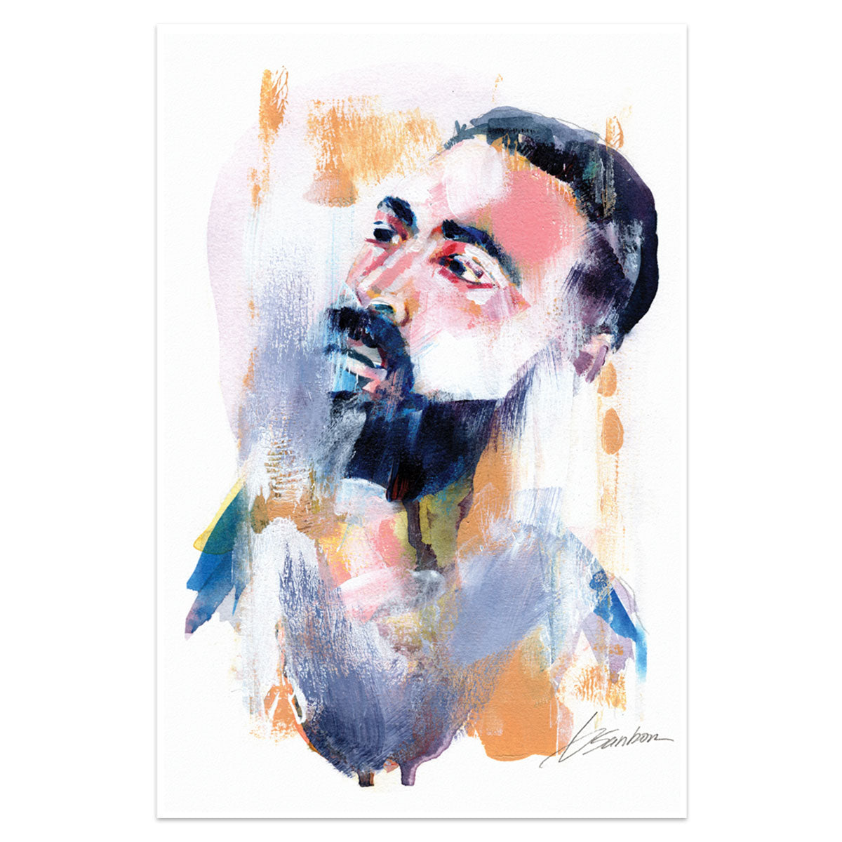 Handsome Bearded Man Looking Upwards - 6x9" Original Watercolor