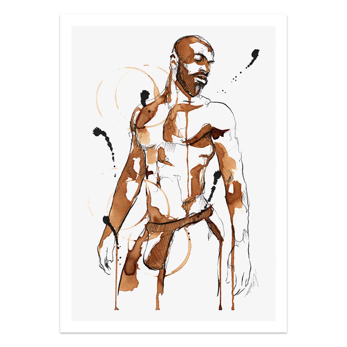 Bearded Male Figure in Coffee and Ink Wearing Jockstrap – Art Print