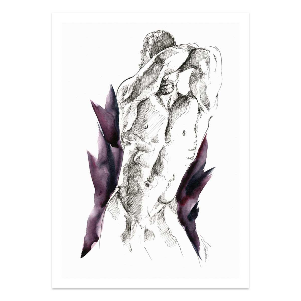 Defined Back Male Figure with Hands Behind Head - Art Print