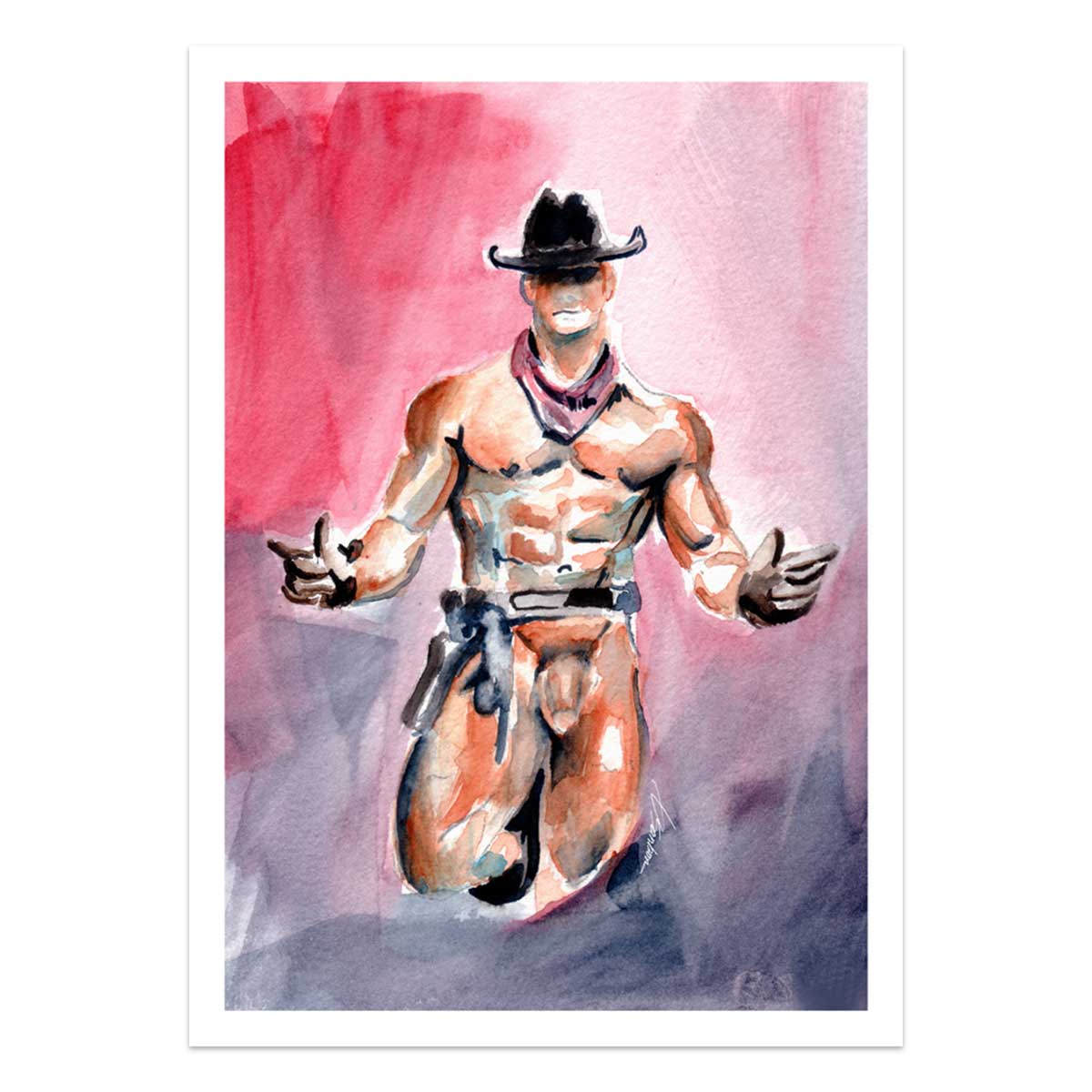 Nude Cowboy Standing in Leather Hat and Holster - Art Print