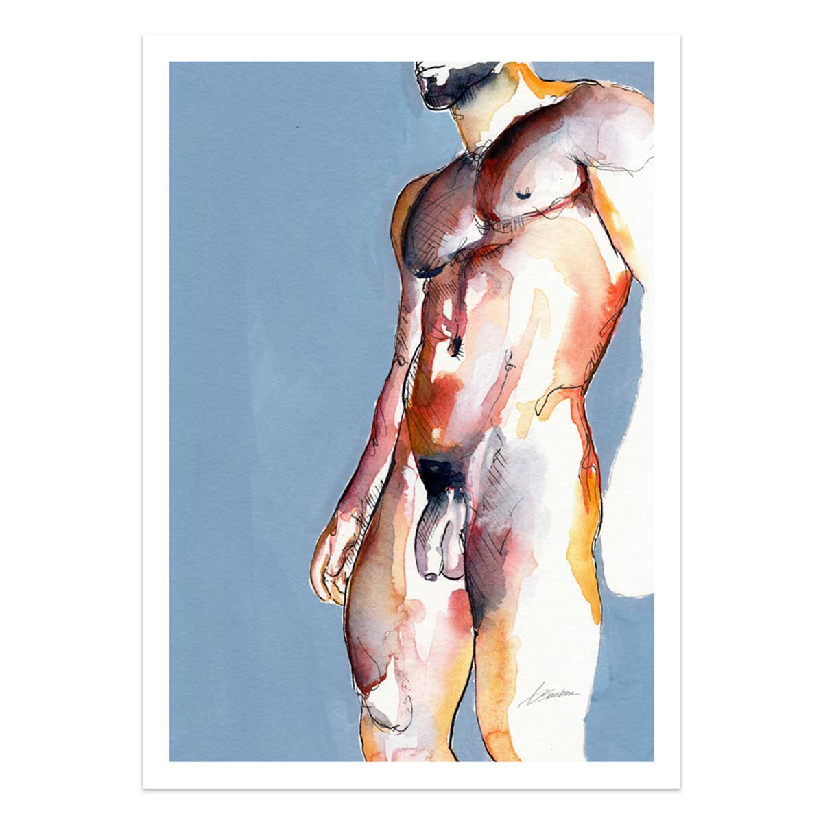 Bearded Male Nude with Defined Abs Standing in Natural Light - Art Print