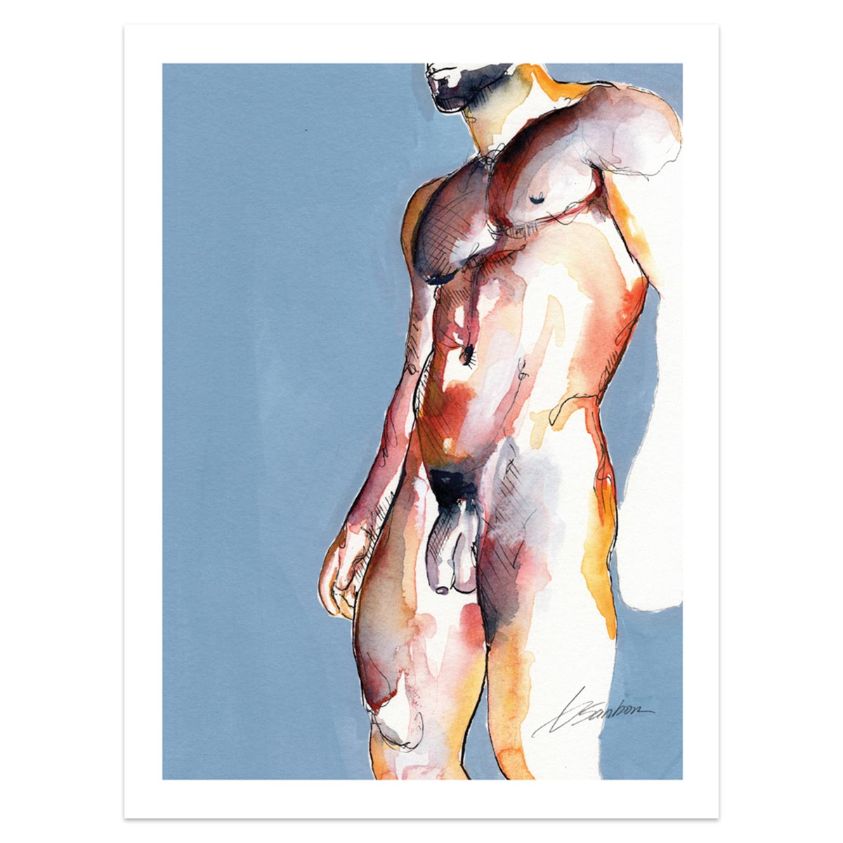 Muscular Male Torso with Beard in Watercolor - Giclee Art Print