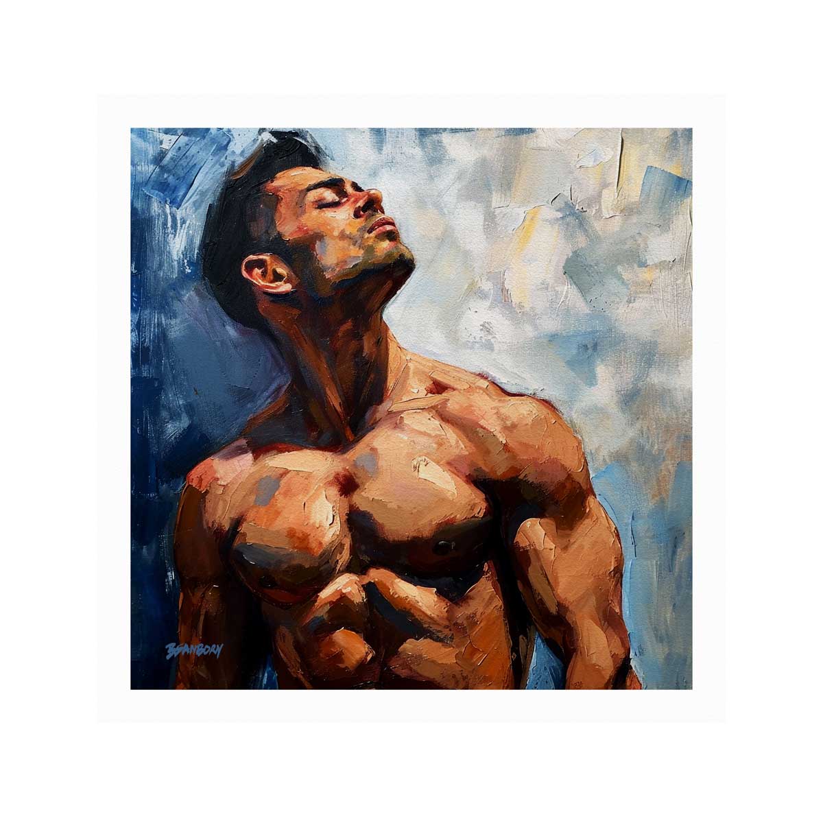 Sunlit Contours - Chiseled Physique Against Blue - Giclee Art Print