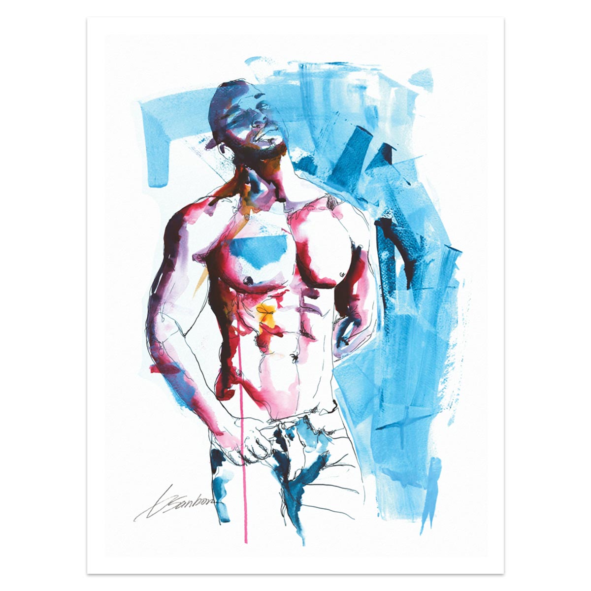 Radiant Male Muscular Figure Basking in Blue Hues - Giclee Art Print