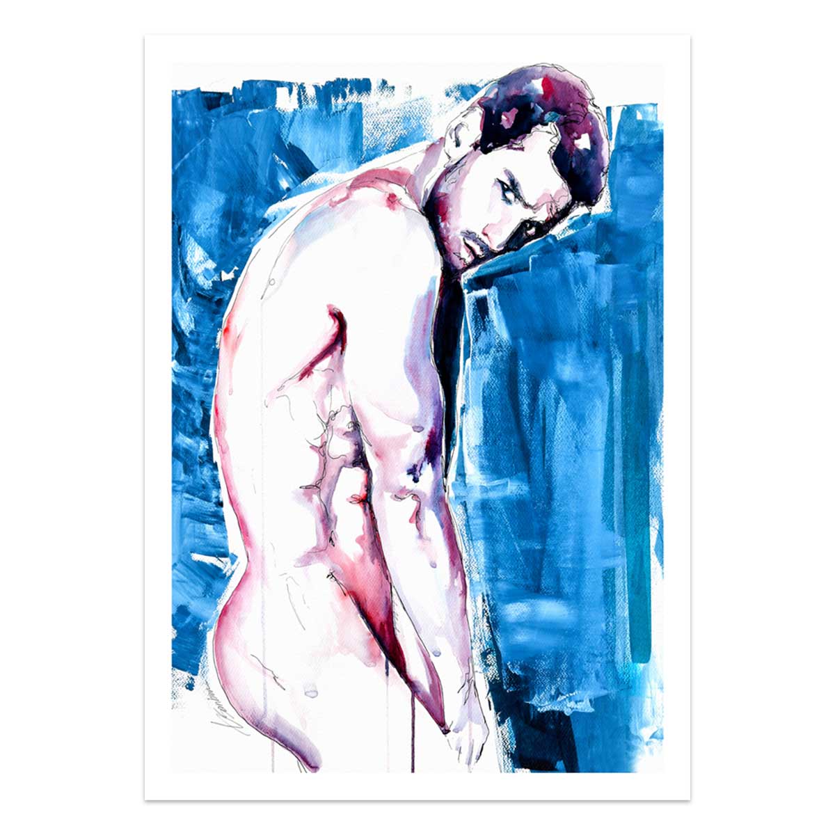 Sexy Moment of a Bare Back Leaning Against the Cool Blue - Art Print