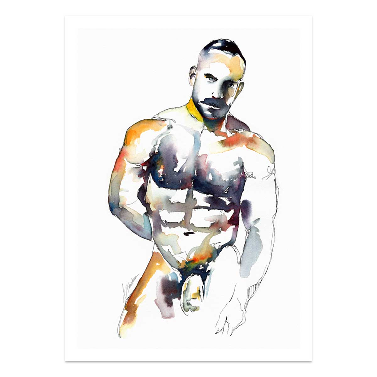 Muscular Male Nude with Intense Stare and Chiseled Abs - Art Print