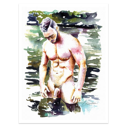Rippled Reflections: Muscular Man at Water's Edge - Giclee Art Print