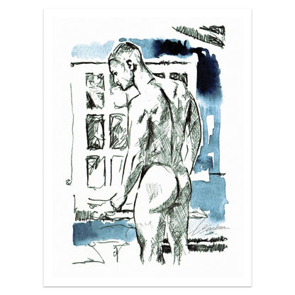 Sketch of Muscular Man by Window, Cityscape Background, Blue Accents - Giclee Art Print