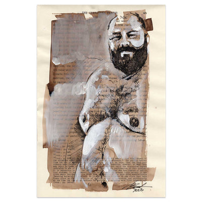 Literary Bear - Hairy Gay Man on Book Page - 6x9" Original Art Artist Brenden Sanborn