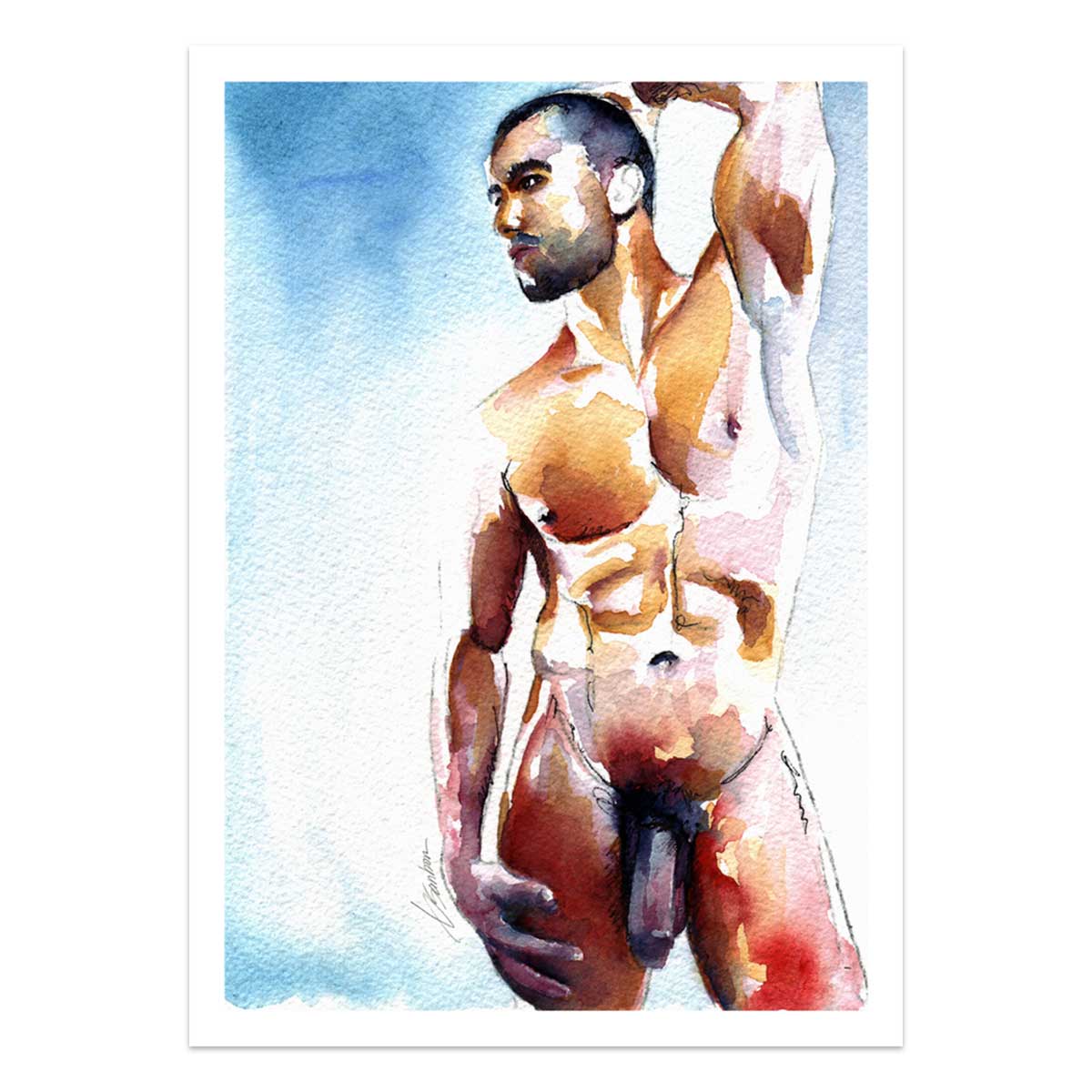 Scruffy Male Nude Stretching in Sunlight - Art Print