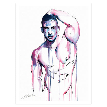 Poetic Gaze: Strong-Jawed Male Figure with Defined Physique and Thoughtful Expression - Giclee Art Print