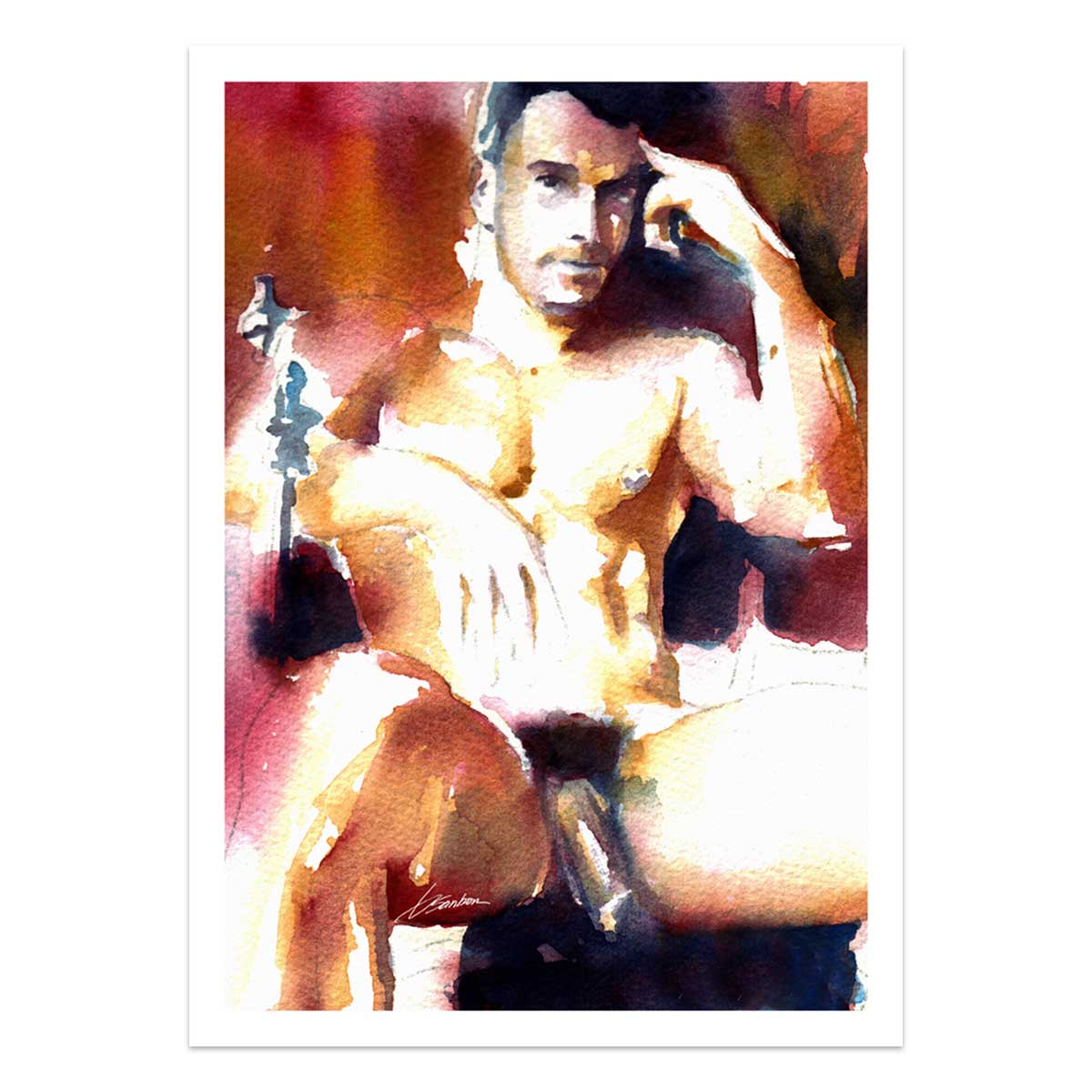 Seated Male Nude in Thoughtful Pose with Hookah Nearby - Art Print