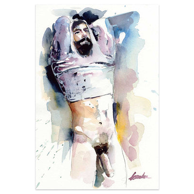 Bearded Man Removing Shirt - 6x9" Original Watercolor Painting Artist Brenden Sanborn