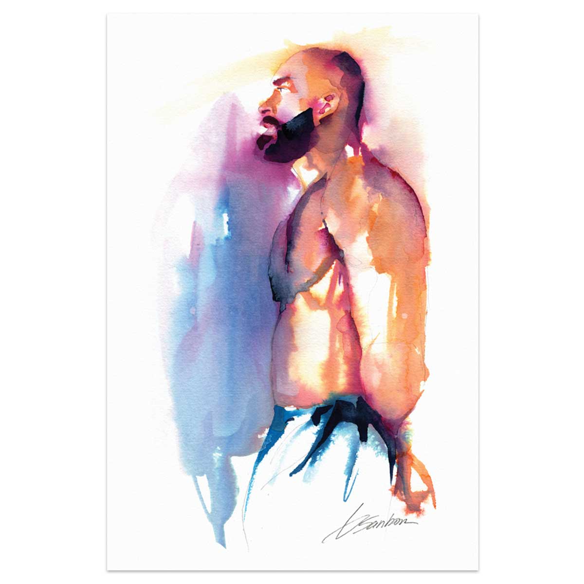 Muscular Male in Blue Jeans - 6x9" Original Watercolor Painting