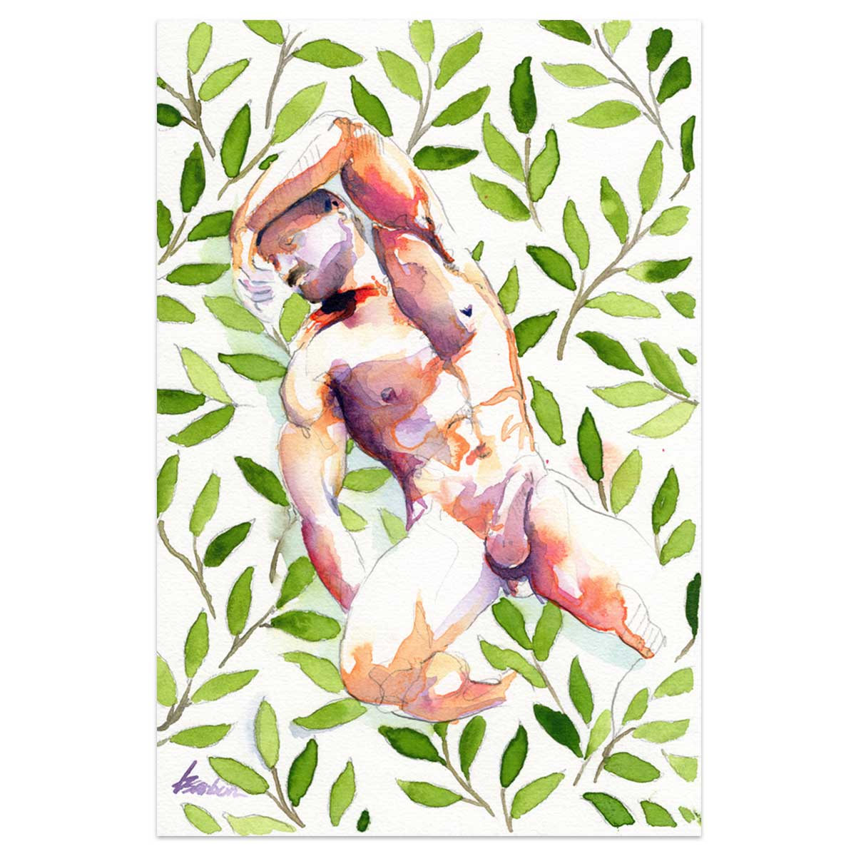 Nude Male Figure Amidst Lush Foliage - 6x9" Original Painting
