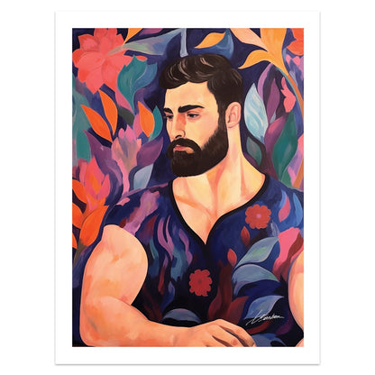 Botanical Gaze - Bearded Man Amidst Vivid Florals - Giclee Art Print