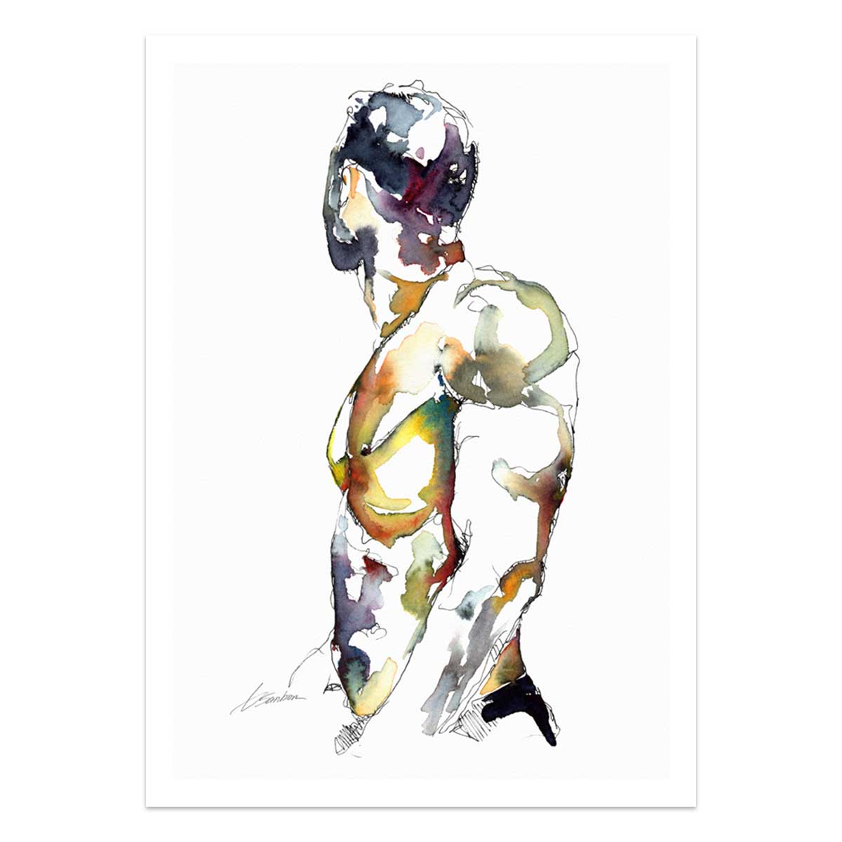 Male Figure in Vibrant Abstraction Looking Away - Art Print