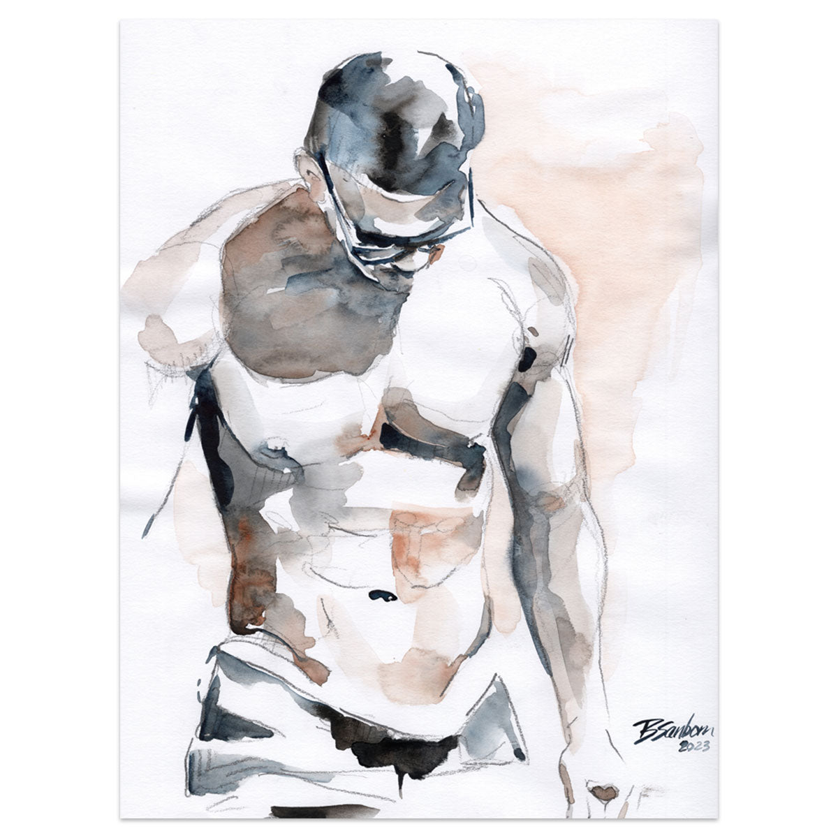 Male Torso with Dark Tonal Shades - 9x12" Original Watercolor Painting