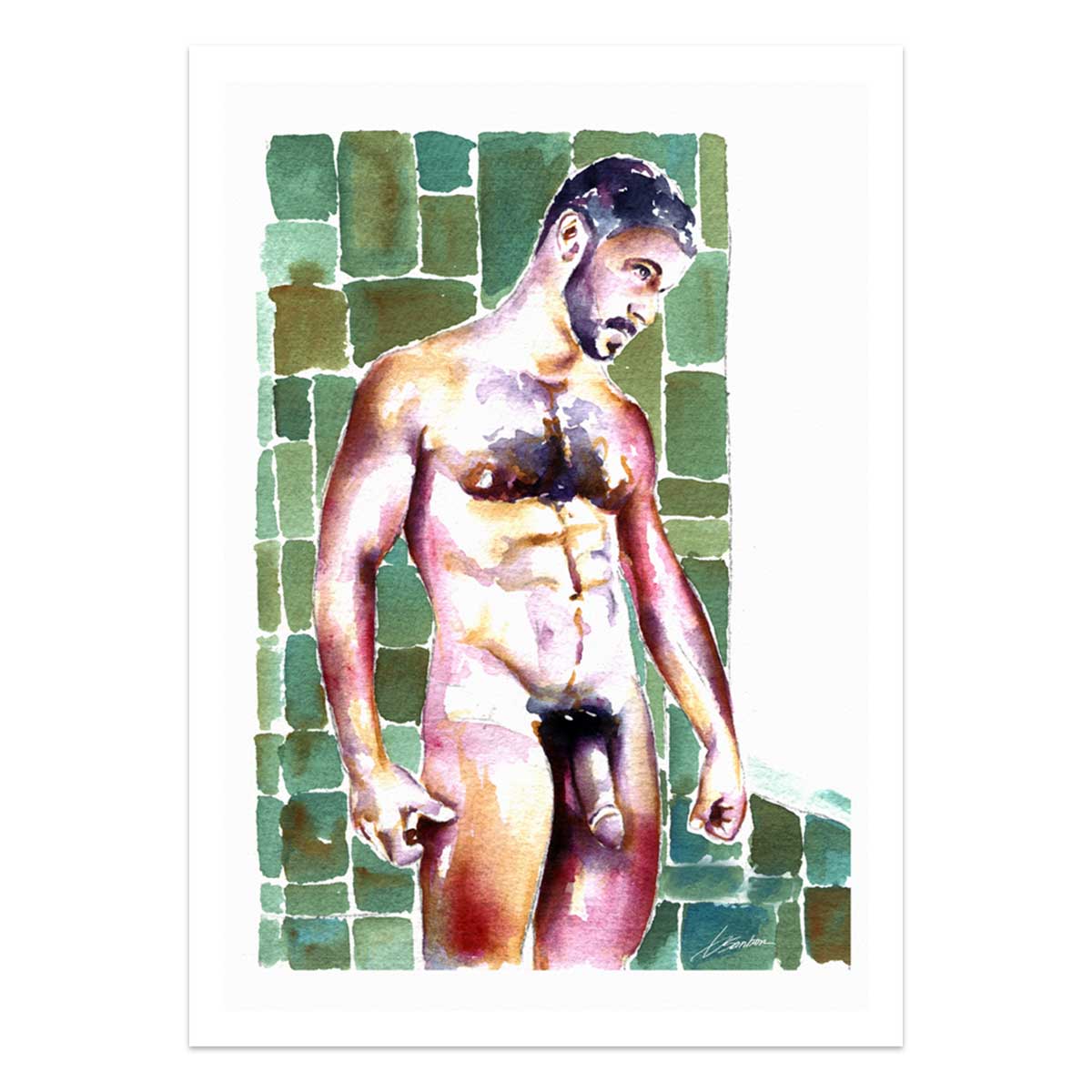 Bearded Man in Shower - Art Print