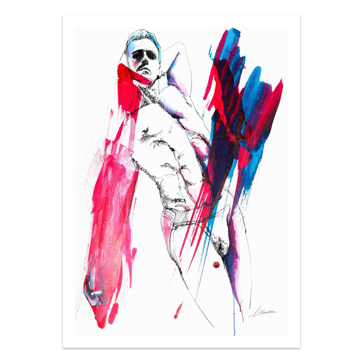 Bold Recline Abs of Stone and Sculpted Booty in Red and Blue Hues - Art Print