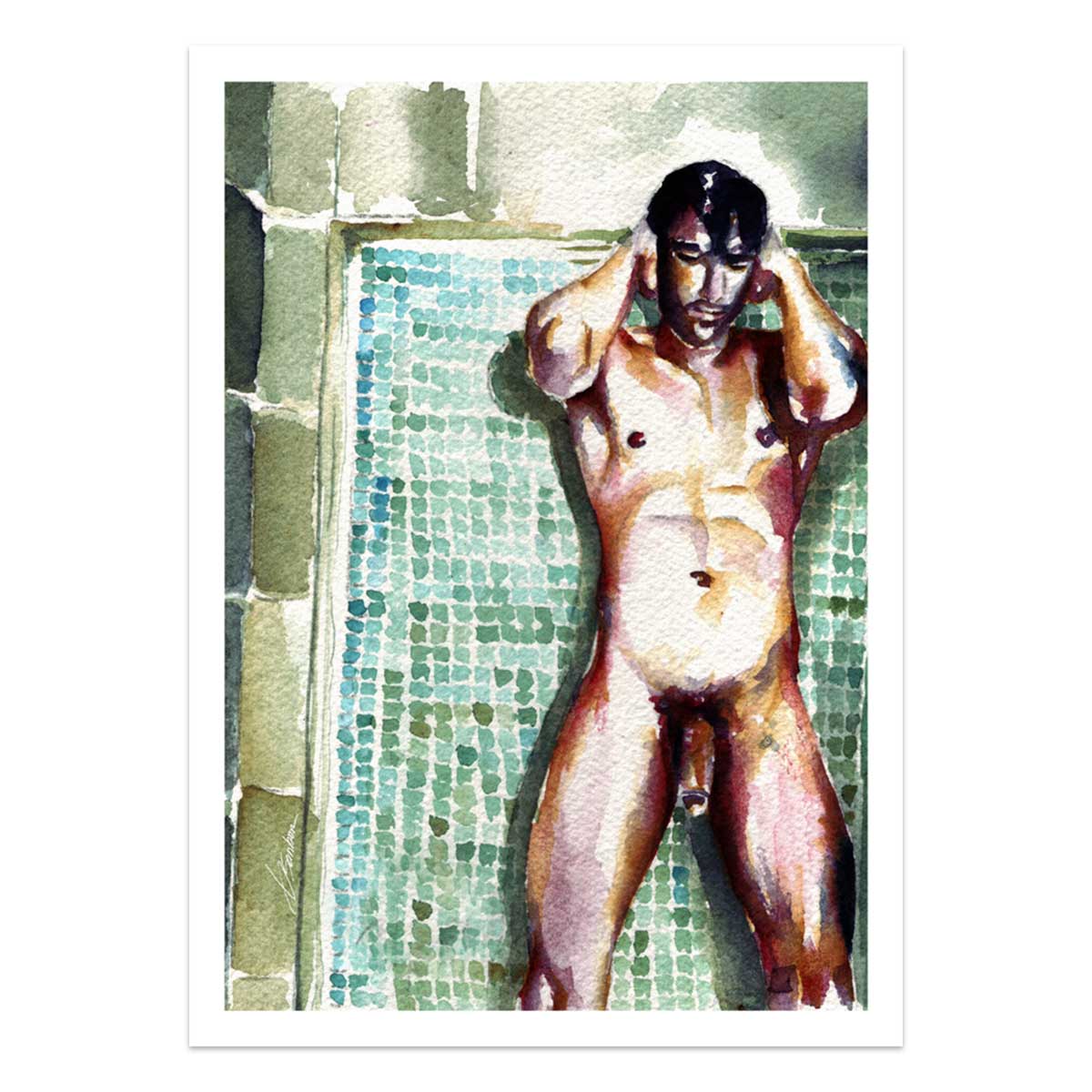 Male Nude Underwater Tiles Resting Against a Mosaic Wall - Art Print