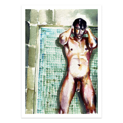 Male Nude Underwater Tiles Resting Against a Mosaic Wall - Art Print Artist Brenden Sanborn
