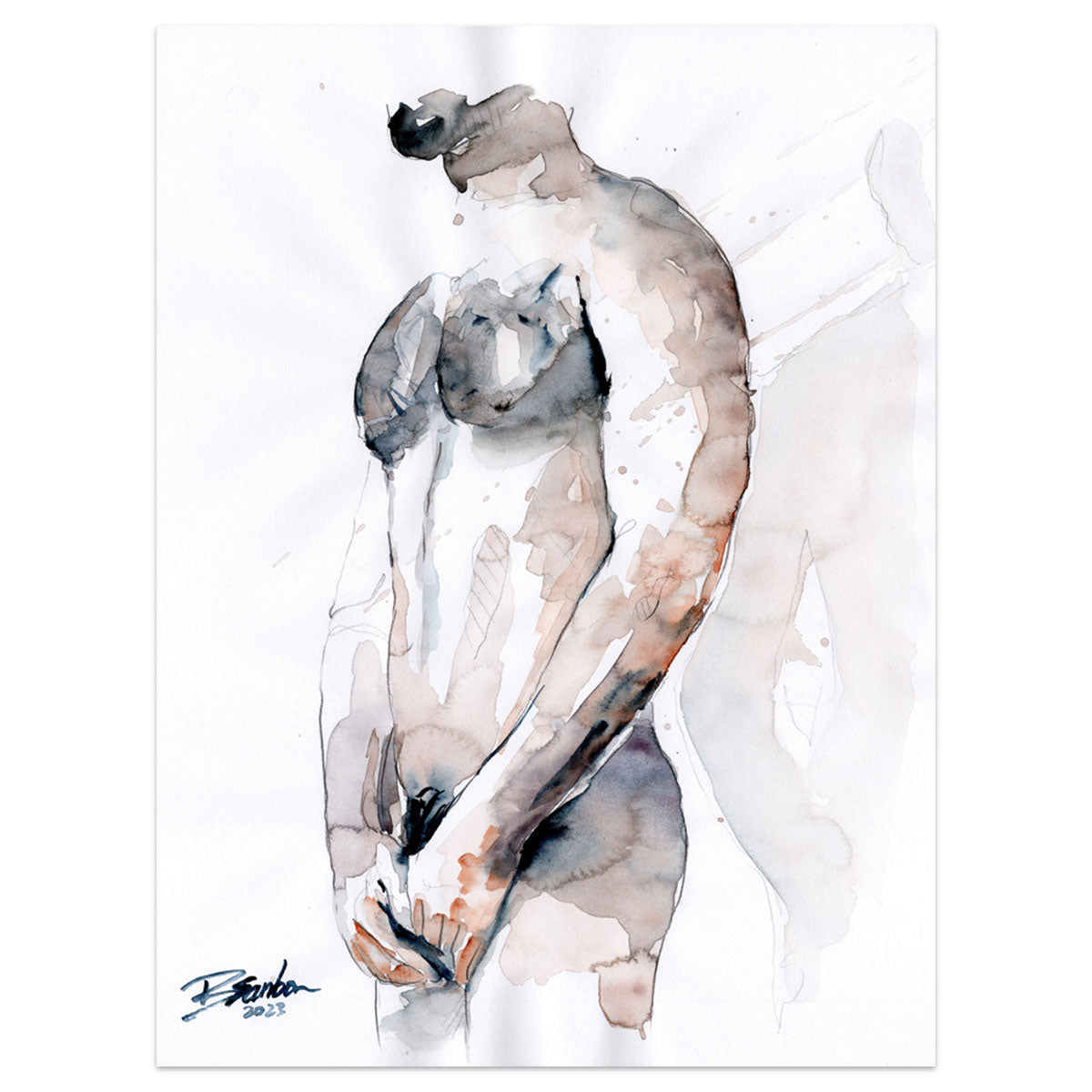 Lean Male Figure, Delicate Pose with Subtle Strength - 9x12" Original Watercolor Painting