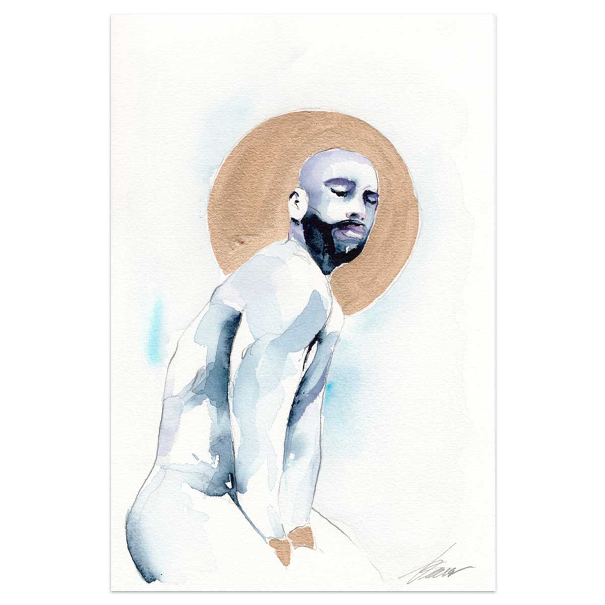 Serene Bearded Man with Golden Halo - 6x9" Original Watercolor Painting