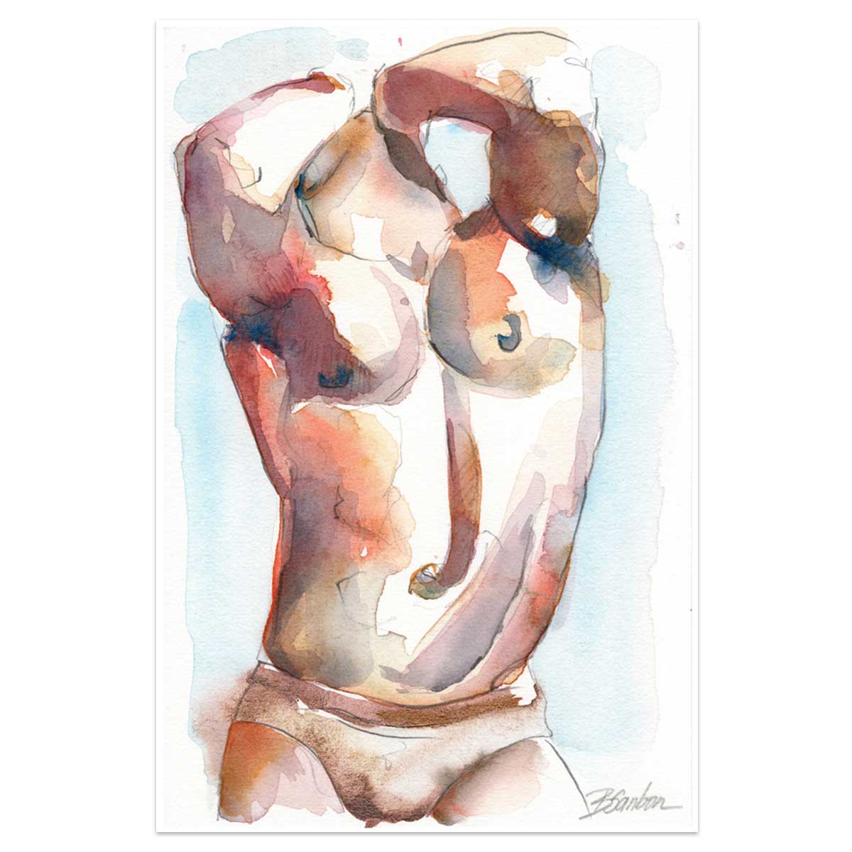 Nude Male with Defined Muscularity and Evocative Pose - 6x9" Original Watercolor Painting