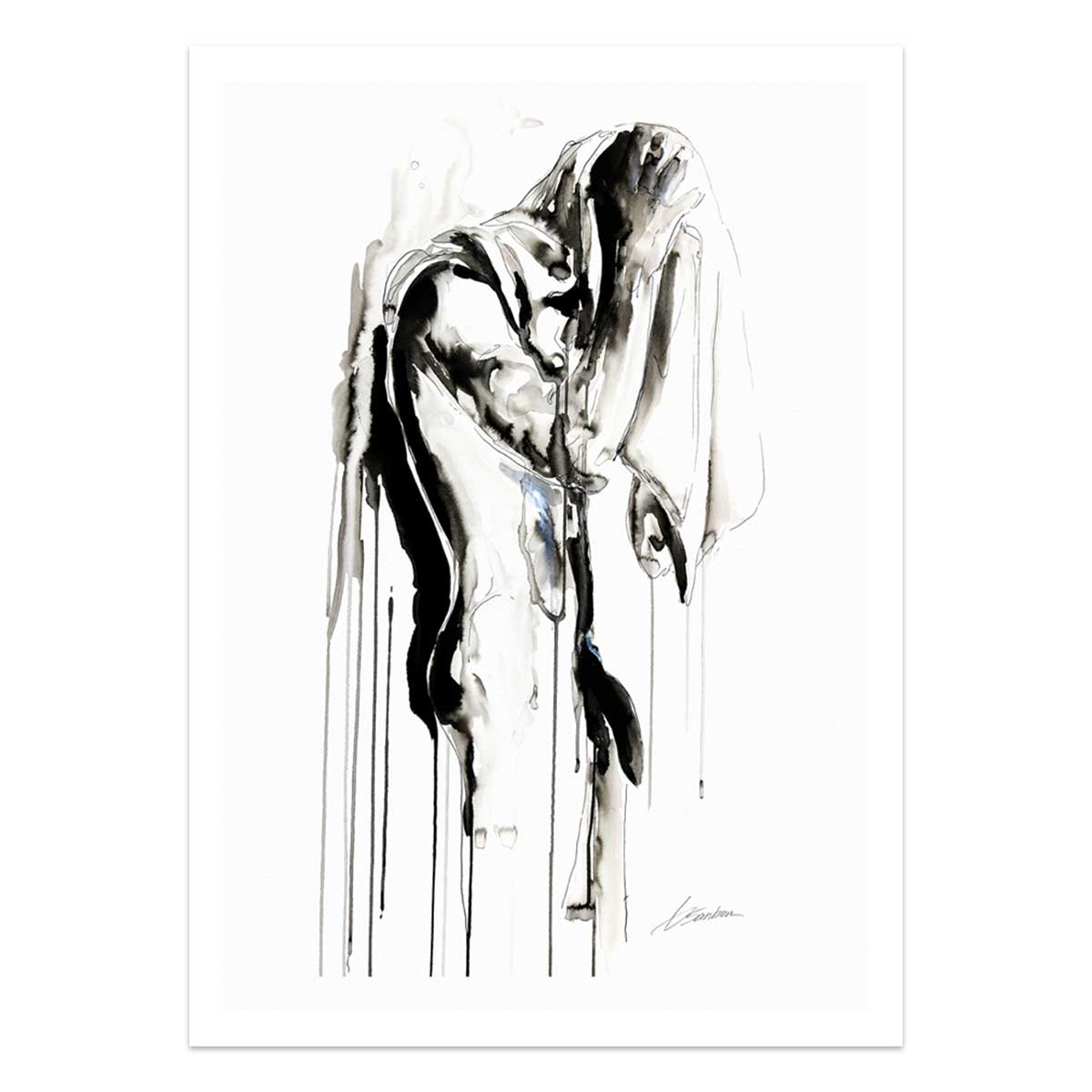 Male Figure Draped in Veiled Elegance with Flowing Silhouettes - Art Print