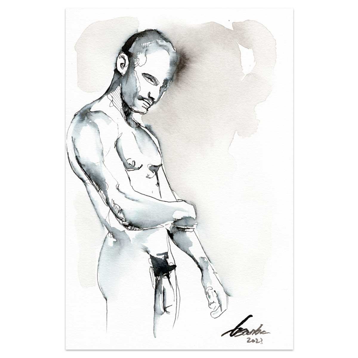 Whispered Strength - Monochrome Muscular Male Contour - 6x9" Original Painting