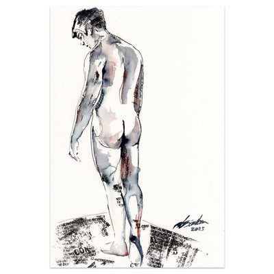 Solitary Reflection - Nude Male Form in Ink - 6x9" Original Watercolor Artist Brenden Sanborn